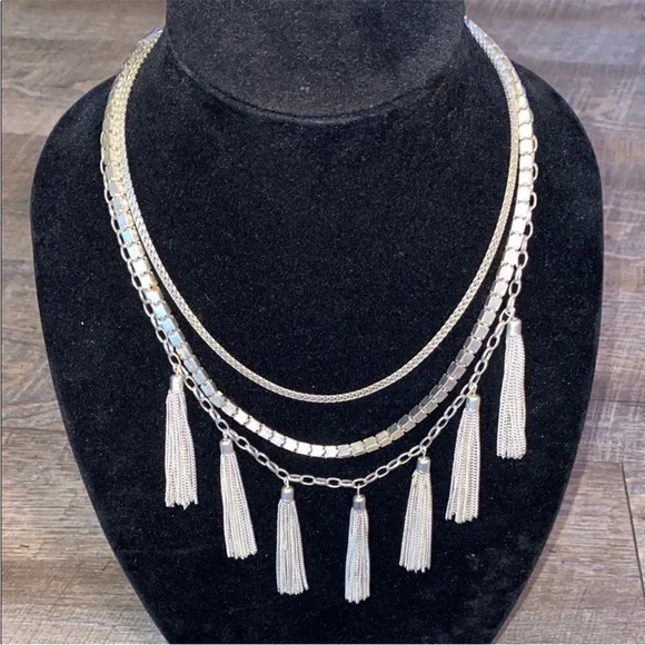 Silver Tassel Statement Necklace - Layered Boho 90s Y2K Holiday Glam - Picture 5 of 6